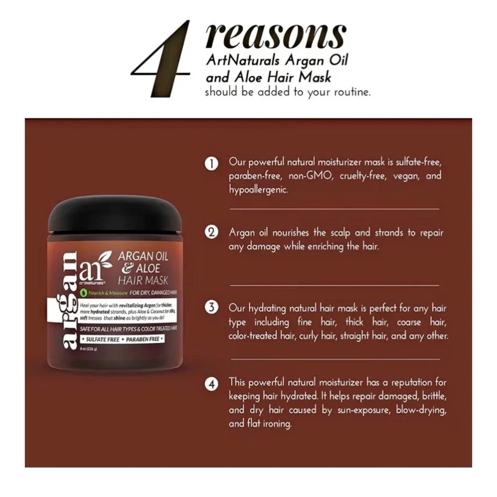 NEW ArtNaturals Argan Oil Aloe Hair Mask 8oz Deep Conditioning Repair Treatment